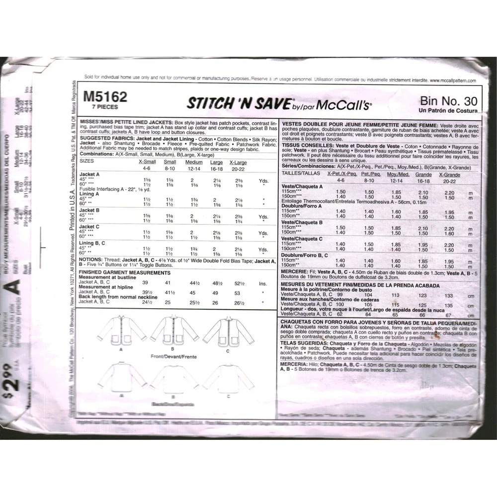 McCalls M5162 Easy Stitch n Save Lined Jacket Sewing Pattern Size L-XL Uncut
